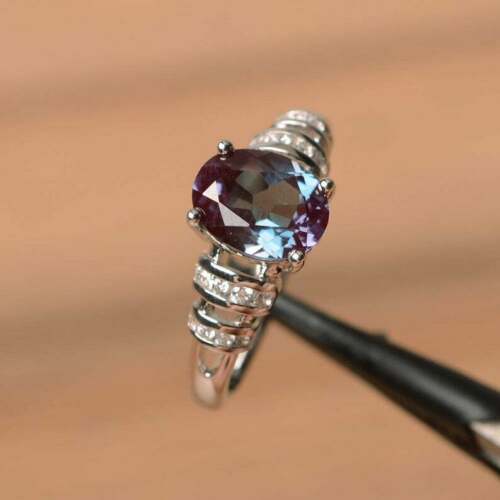1.5 CT Oval Cut Alexandrite 925 Sterling Silver Diamond Solitaire Wedding Ring