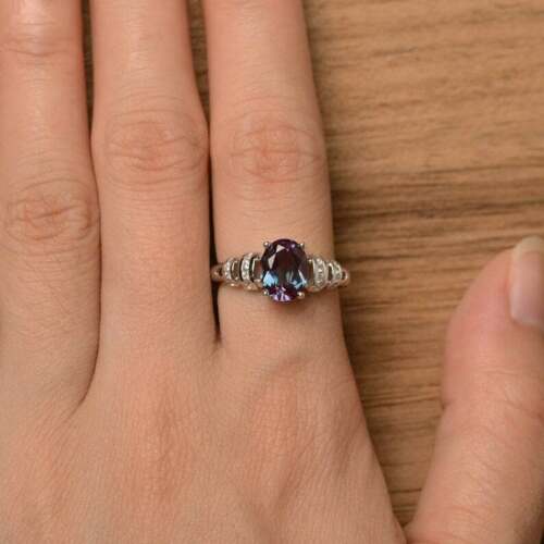 1.5 CT Oval Cut Alexandrite 925 Sterling Silver Diamond Solitaire Wedding Ring