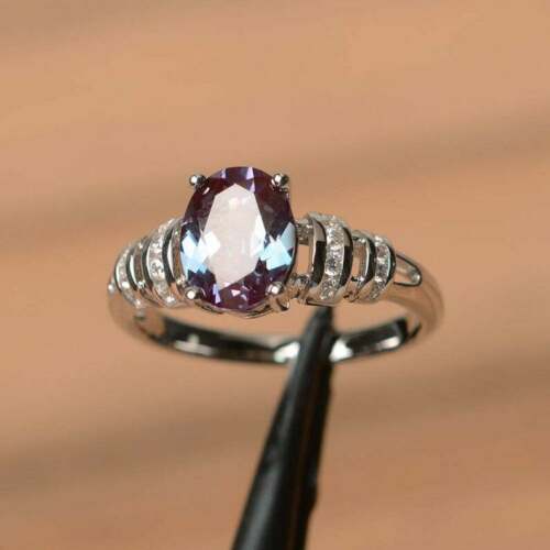 1.5 CT Oval Cut Alexandrite 925 Sterling Silver Diamond Solitaire Wedding Ring