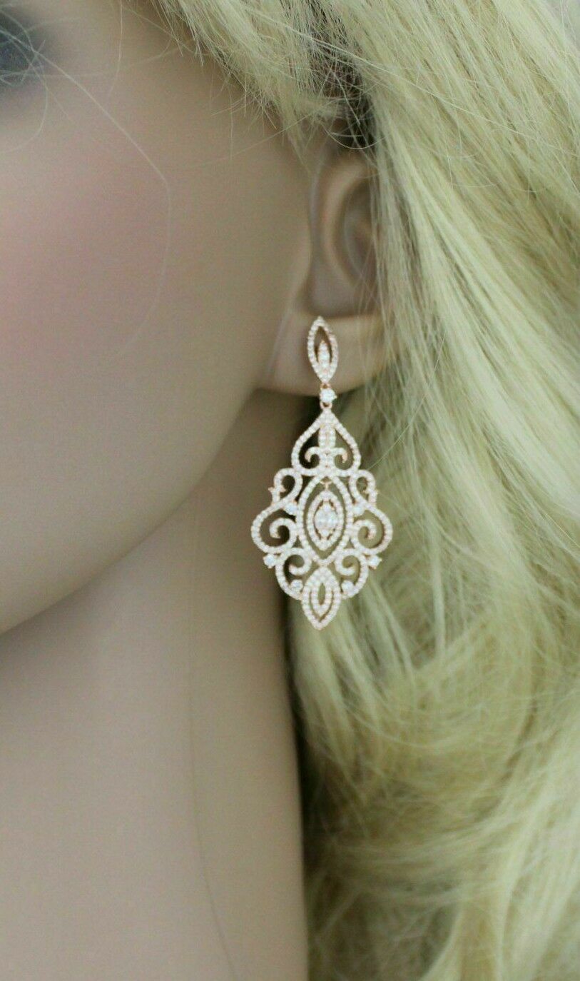 925 Sterling Silver Vintage Style 2 CT Diamond Wedding Drop Chandalier Earrings