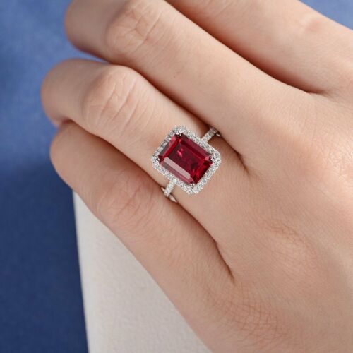 925 Sterling Silver 1 CT Emerald Cut Red Ruby Halo Diamond Engagement Ring
