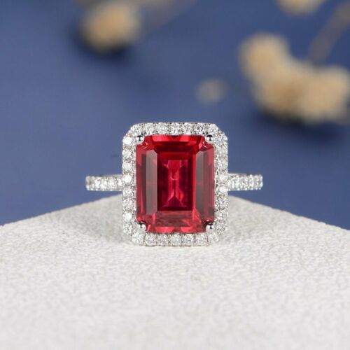 925 Sterling Silver 1 CT Emerald Cut Red Ruby Halo Diamond Engagement atjewels.in