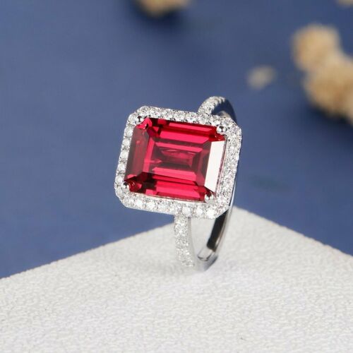 925 Sterling Silver 1 CT Emerald Cut Red Ruby Halo Diamond Engagement Ring