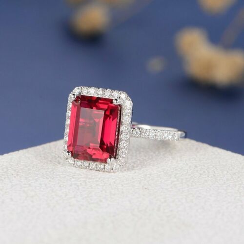 925 Sterling Silver 1 CT Emerald Cut Red Ruby Halo Diamond Engagement Ring