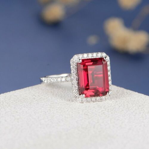 925 Sterling Silver 1 CT Emerald Cut Red Ruby Halo Diamond Engagement Ring