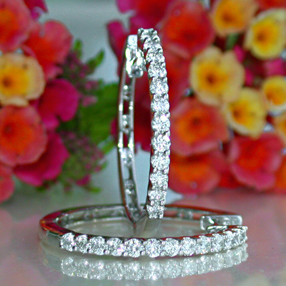 925 Sterling Silver 2 CT Round Cut Diamond Women's Engagement Hoop Earrings