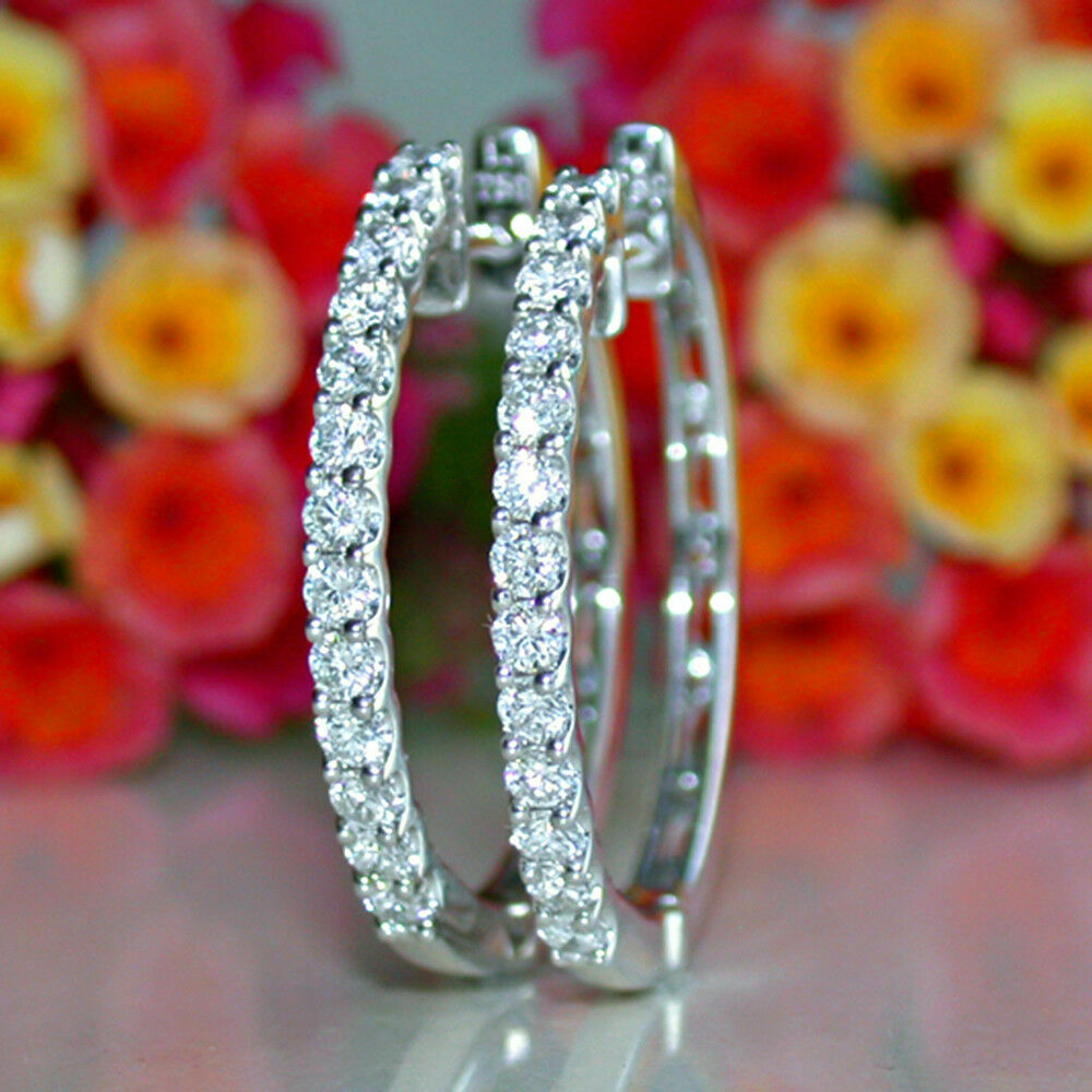 925 Sterling Silver 2 CT Round Cut Diamond Women's Engagement Hoop Earrings