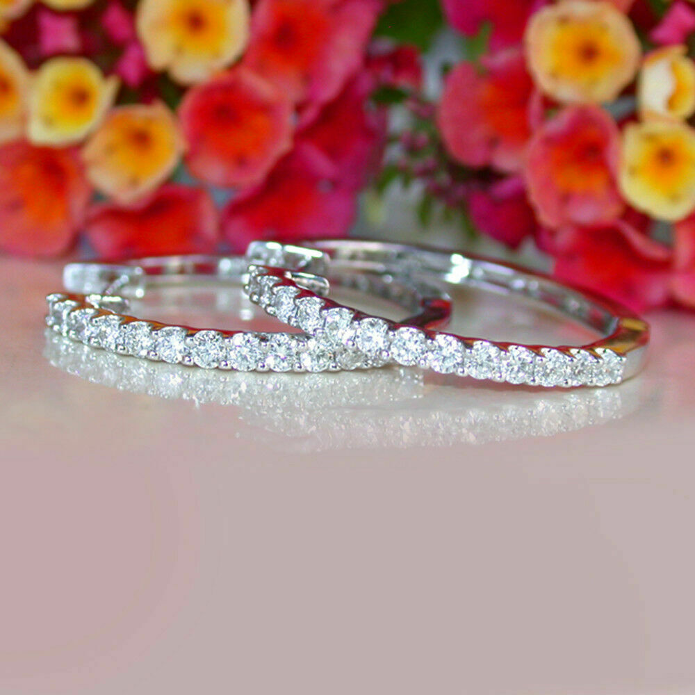 925 Sterling Silver 2 CT Round Cut Diamond Women's Engagement Hoop Earrings