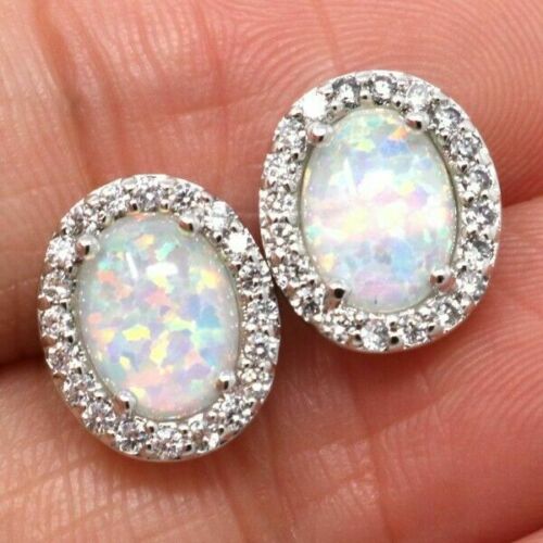 925 Sterling Silver 1.5 CT Oval Cut Fire Opal Halo Diamond Promise Stud Earrings