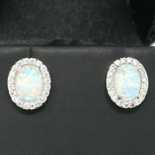 925 Sterling Silver 1.5 CT Oval Cut Fire Opal Halo Diamond Promise Stud Earrings