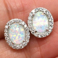 925 Sterling Silver 1.5 CT Oval Cut Fire Opal Halo Diamond Promise Stud Earrings