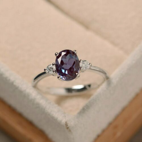 925 Sterling Silver 1 CT Oval Cut Alexandrite & Diamond 3-Stone Anniversary Ring