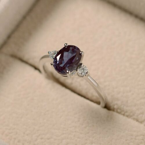 925 Sterling Silver 1 CT Oval Cut Alexandrite & Diamond 3-Stone Anniversary Ring