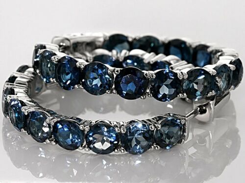 925 Sterling Silver 2.50 CT Round Cut London Blue Topaz Engagement Hoop Earrings
