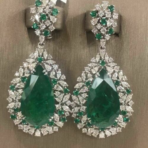 925 Sterling Sliver 3 CT Pear Cut Emerald & Diamond Cluster Party Wear Earrings