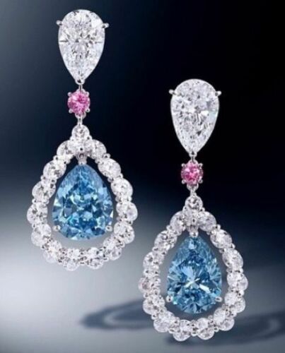 925 Sterling Sliver Pear & Round Cut Topaz Sapphire & Diamond Tear Drop Earrings