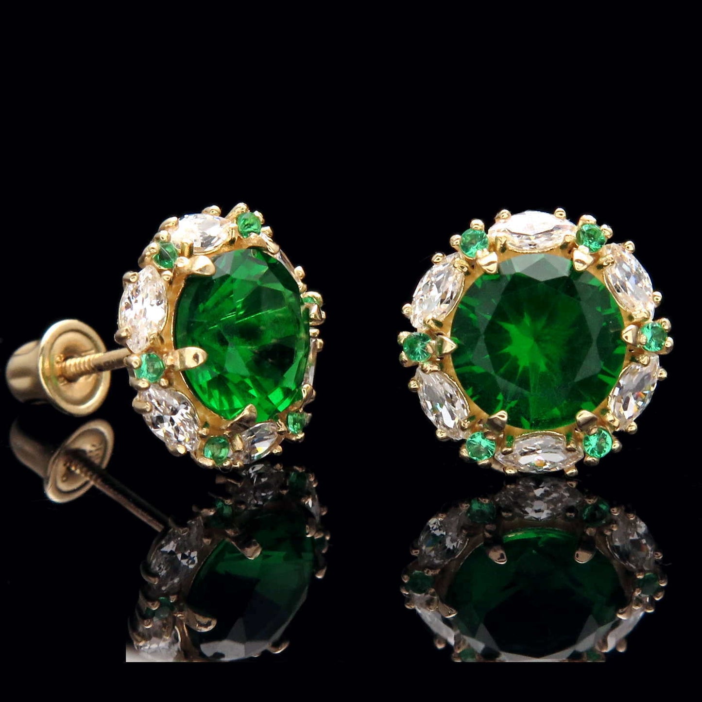 925 Sterling Sliver 1.2 CT Round Marquise Cut Emerald Halo Diamond Stud Earrings