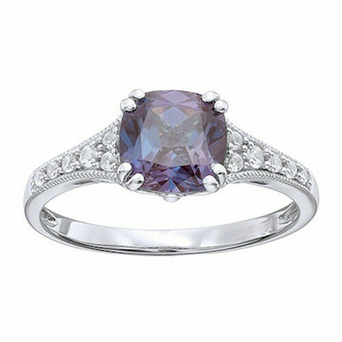 1 CT Cushion Cut Alexandrite 925 Sterling Silver Diamond Solitaire W/Accents Ring