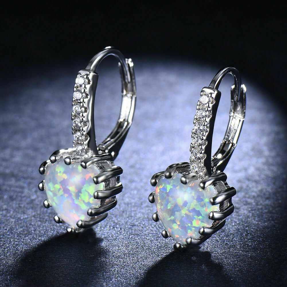 1 CT Heart Shape Opal 925 Sterling Silver Diamond Love Heart Small Hoop Earrings