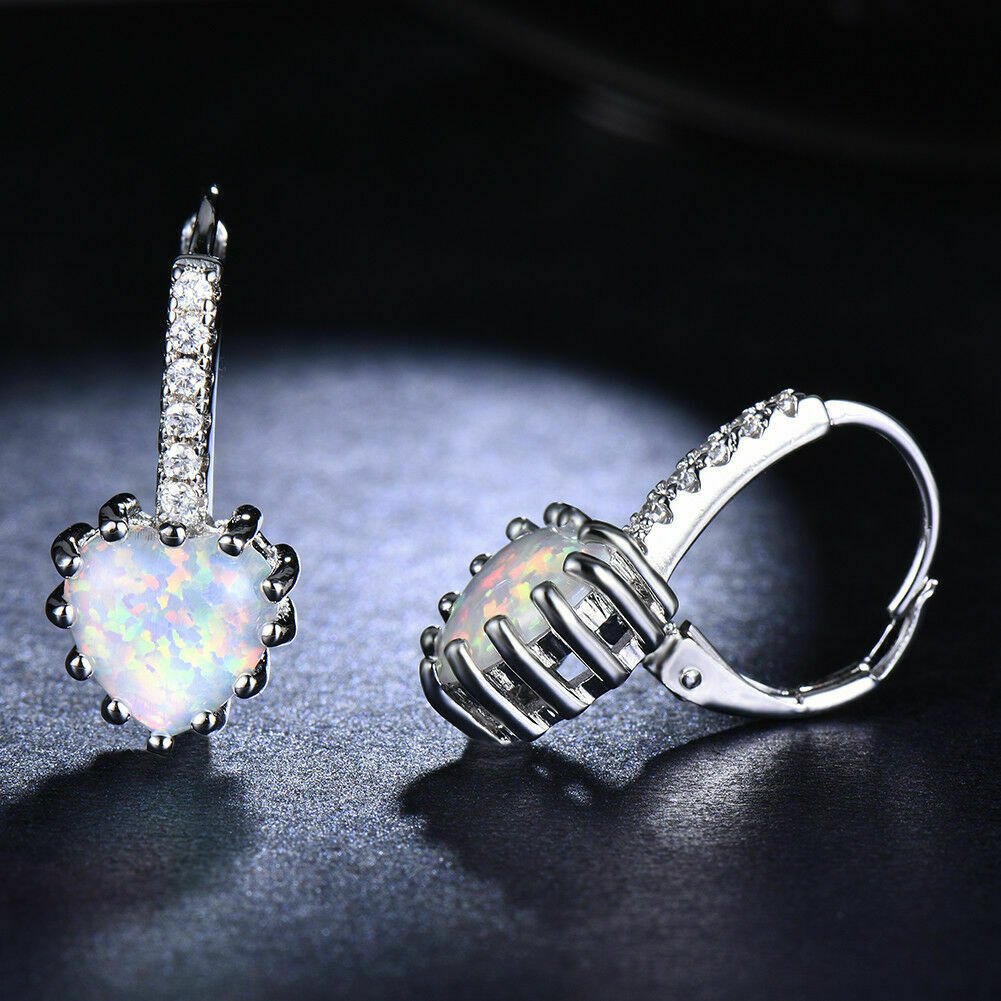 1 CT Heart Shape Opal 925 Sterling Silver Diamond Love Heart Small Hoop Earrings