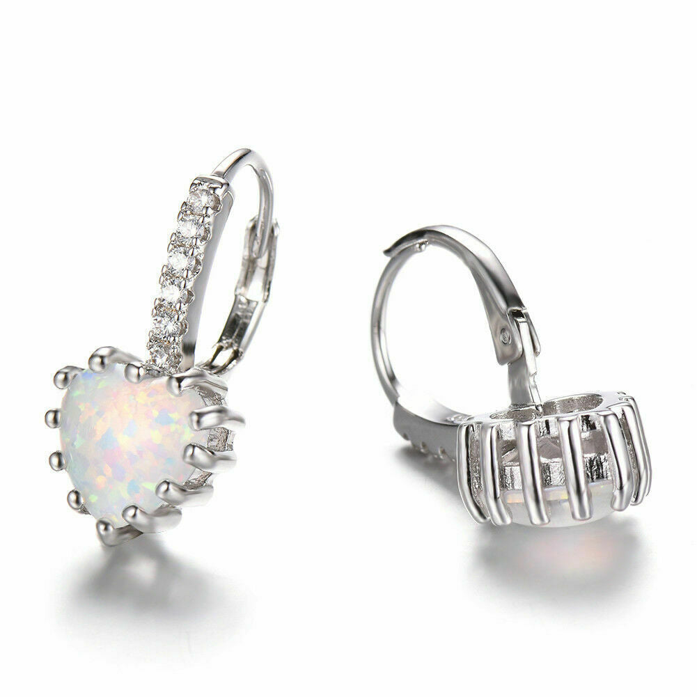 1 CT Heart Shape Opal 925 Sterling Silver Diamond Love Heart Small Hoop Earrings