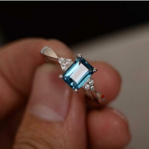 1 CT London Blue Topaz Emerald Cut 925 Sterling Silver Halo Anniversary Ring