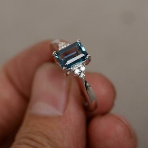 1 CT London Blue Topaz Emerald Cut 925 Sterling Silver Halo Anniversary Ring