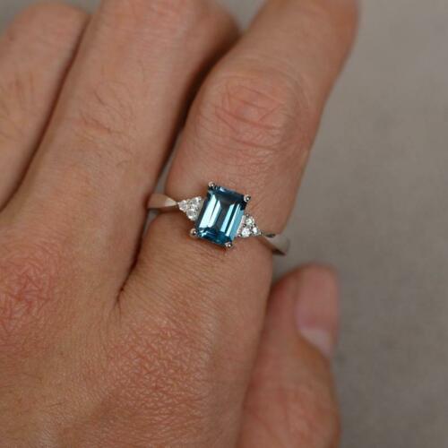 1 CT London Blue Topaz Emerald Cut 925 Sterling Silver Halo Anniversary Ring