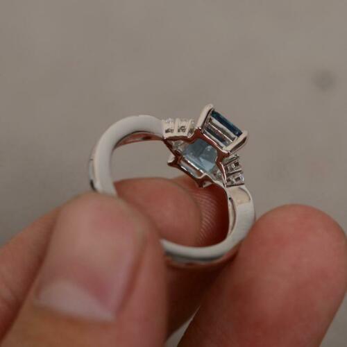 1 CT London Blue Topaz Emerald Cut 925 Sterling Silver Halo Anniversary Ring