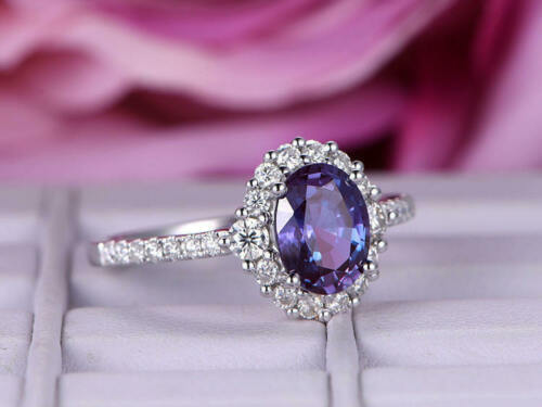 1 CT Oval Cut Alexandrite 925 Sterling Silver Halo Diamond Wedding Promise Ring
