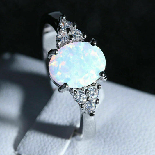 1 CT Oval Cut Fire Opal 925 Sterling Silver Solitaire Engagement Diamond Ring