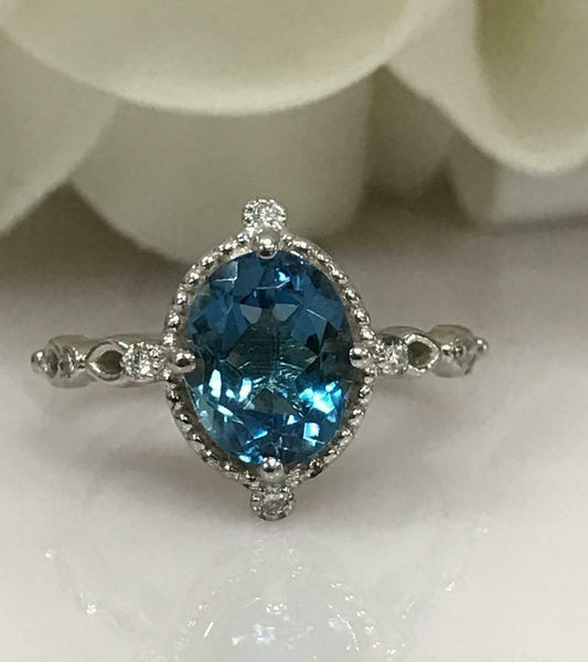 1 CT Oval Cut London Blue Topaz 925 Sterling Silver Diamond Women's Wedding Ring