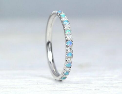 1 CT Round Cut Opal 925 Sterling Silver Diamond Half Eternity Wedding Band Ring