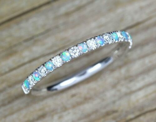 1 CT Round Cut Opal 925 Sterling Silver Diamond Half Eternity Wedding Band Ring