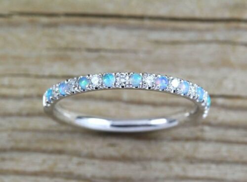 1 CT Round Cut Opal 925 Sterling Silver Diamond Half Eternity Wedding Band Ring