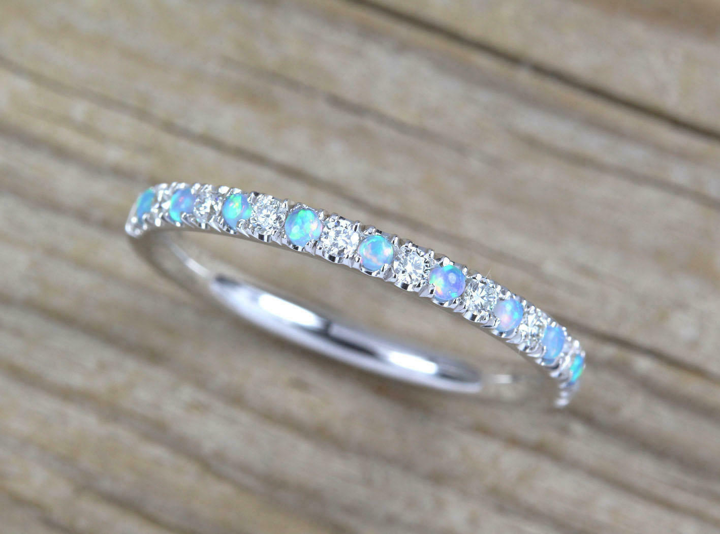 1 CT Round Cut Opal 925 Sterling Silver Diamond Half Eternity Wedding Band Ring
