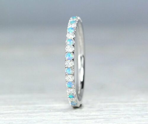 1 CT Round Cut Opal 925 Sterling Silver Diamond Half Eternity Wedding Band Ring