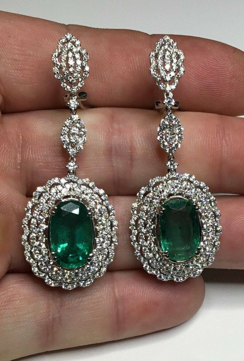 2.5 CT Oval Cut Emerald 925 Sterling Silver Diamond Drop Dangle Wedding Earrings