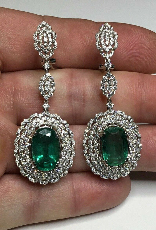 2.5 CT Oval Cut Emerald 925 Sterling Silver Diamond Drop Dangle Wedding Earrings
