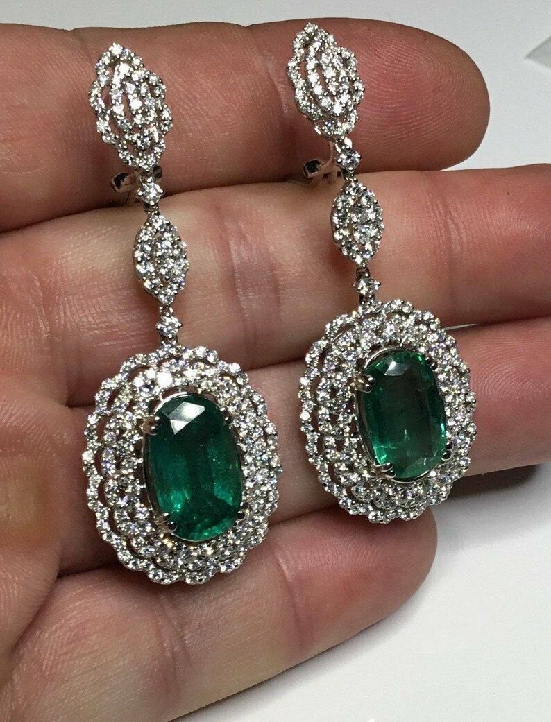 2.5 CT Oval Cut Emerald 925 Sterling Silver Diamond Drop Dangle Wedding Earrings