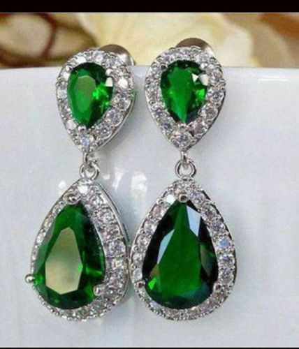 2.5 CT Pear Cut Emerald 925 Sterling Silver Halo Diamond Women's Teardrop Earrings