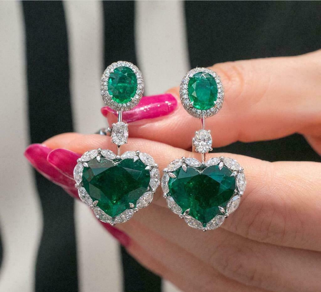 2 CT Heart & Oval Cut Emerald 925 Sterling Sliver Diamond Lovely Dangle Earrings