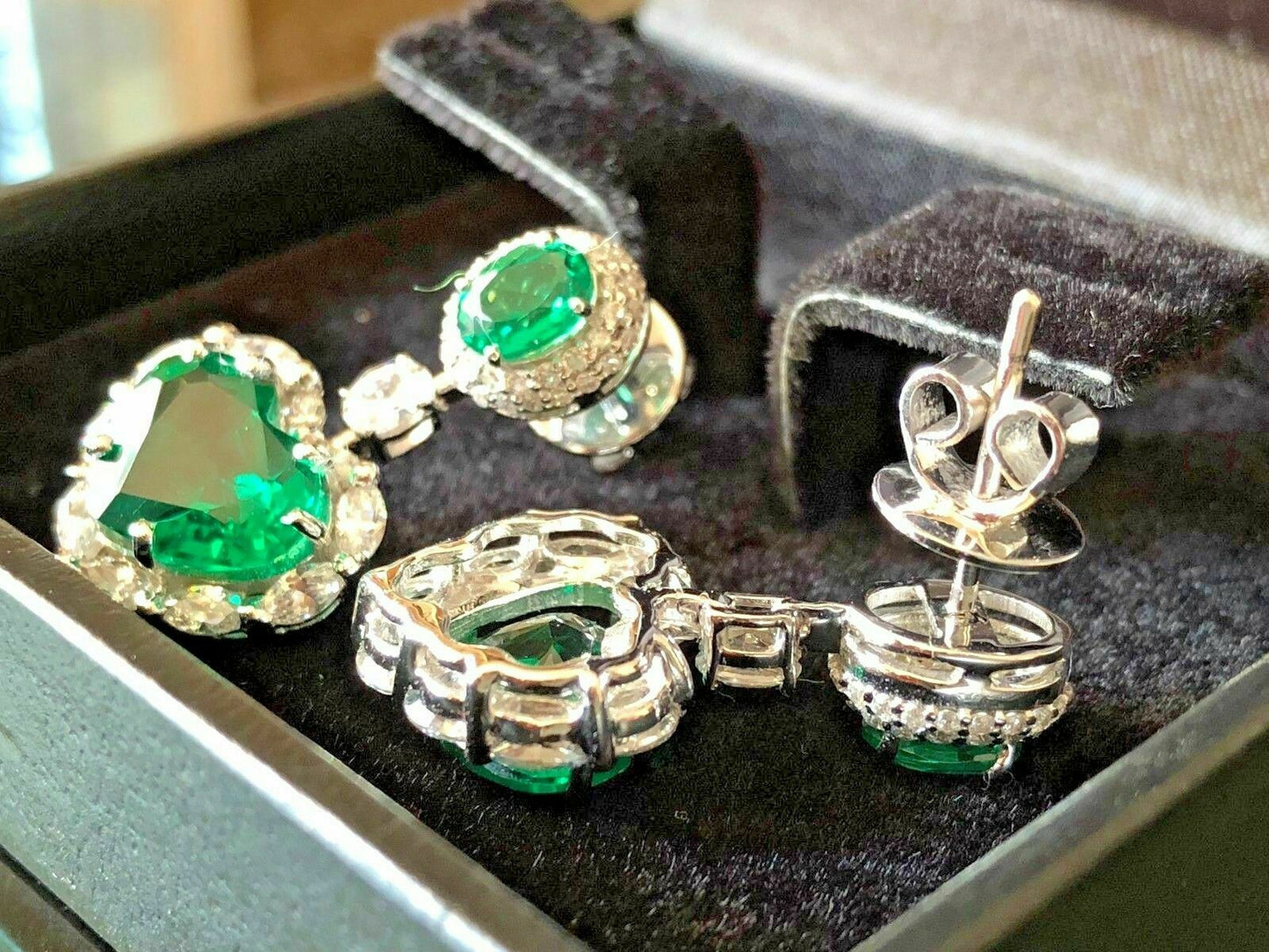 2 CT Heart & Oval Cut Emerald 925 Sterling Sliver Diamond Lovely Dangle Earrings