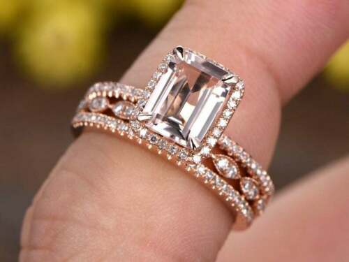 2 CT Emerald Cut Morganite 925 Sterling Sliver Women's Wedding Halo Trio Ring Set