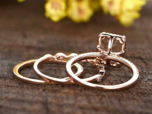 2 CT Emerald Cut Morganite 925 Sterling Sliver Women's Wedding Halo Trio Ring Set