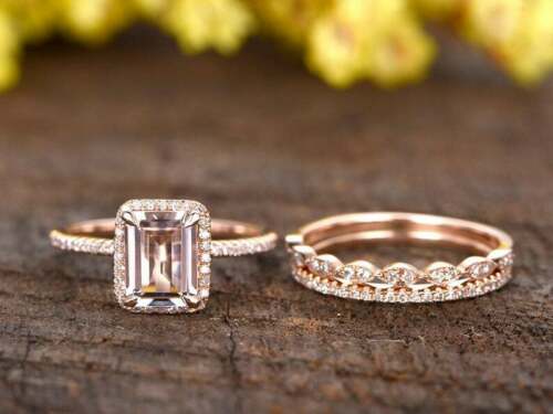 2 CT Emerald Cut Morganite 925 Sterling Sliver Women's Wedding Halo Trio Ring Set