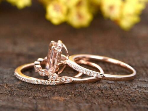 2 CT Emerald Cut Morganite 925 Sterling Sliver Women's Wedding Halo Trio Ring Set