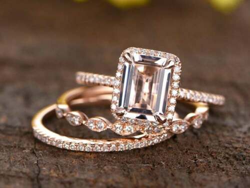 2 CT Emerald Cut Morganite 925 Sterling Sliver Women's Wedding Halo Trio Ring Set