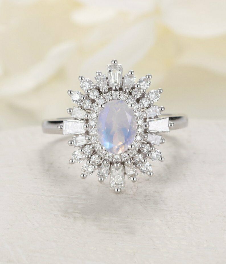 2 CT Oval Cut Moonstone 925 Sterling Sliver Halo Diamond Flower Anniversary Ring
