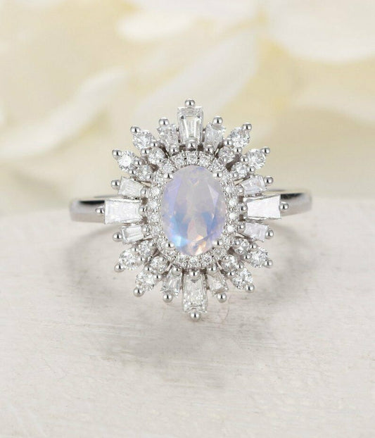 2 CT Oval Cut Moonstone 925 Sterling Sliver Halo Diamond Flower Anniversary Ring